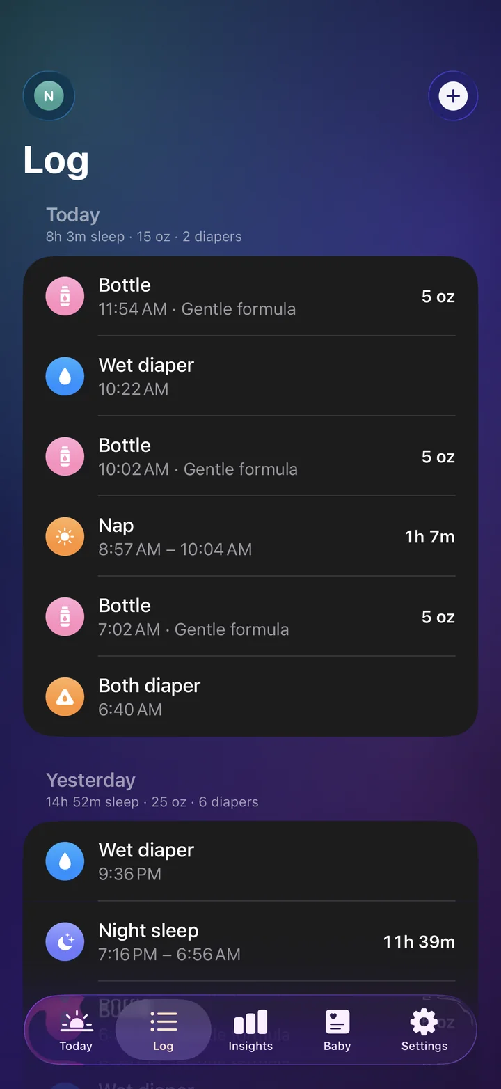 The Log on Alex's iPhone: a 5 oz bottle at the top of today's entries