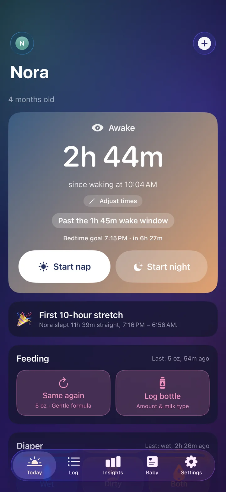 The Today screen on the other iPhone, with a notification: Alex logged a 5 oz bottle, for Nora