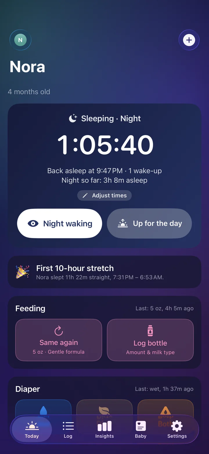 The Today screen during the night: Nora asleep for 1 hour 5 minutes, with buttons for Night waking and Up for the day